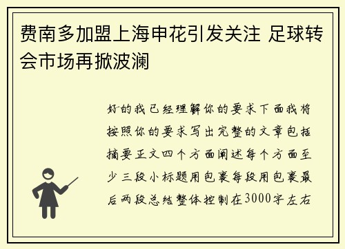 费南多加盟上海申花引发关注 足球转会市场再掀波澜