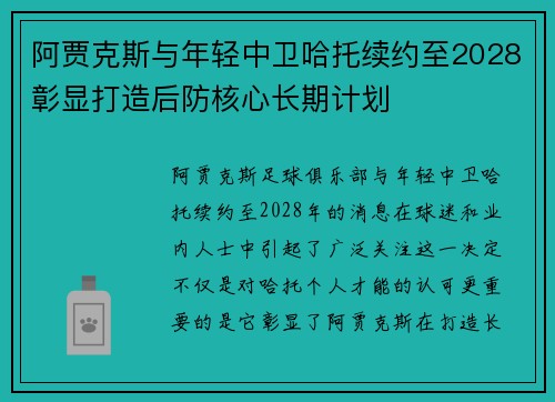 阿贾克斯与年轻中卫哈托续约至2028彰显打造后防核心长期计划 阿贾克斯与年轻中卫哈托续约至2028彰显打造后防核心长期计划